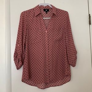 Large never worn 3/4 sleeve pink with black polka dots blouse.